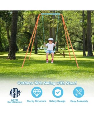 Outdoor Kids Swing Set with Heavy Duty Metal A-Frame and Ground Stakes