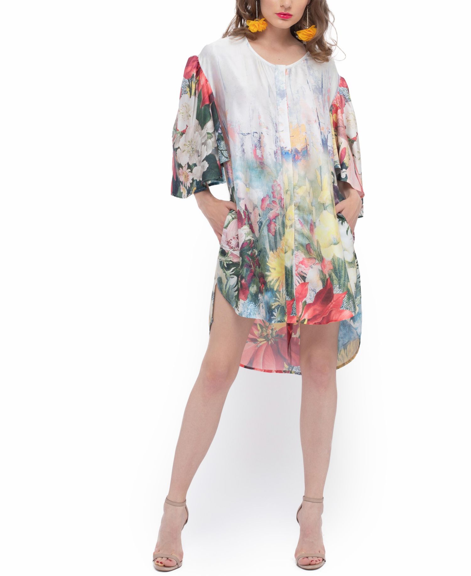 Women's Belted Floral Print Butterfly Sleeve Hi-Lo Charmeuse Dress