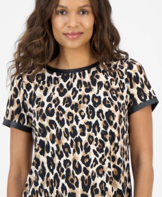 Petite Back-Button Animal-Print Top