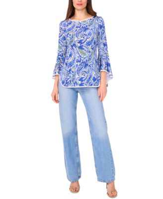 Women's Printed Crewneck 3/4-Bell-Sleeve Blouse