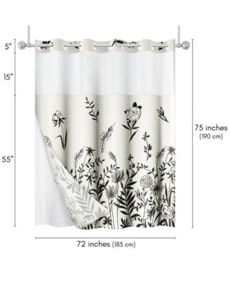 72x75 Hookless Shower Curtain - Floral Cream and Black Shower Curtain with Sheer Panel, Snap-In Liner, and Grommets - 100% Polyester