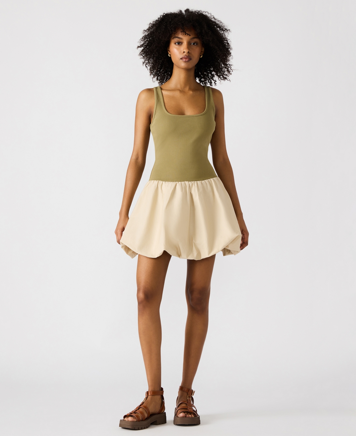 Steve Madden Linnea Mixed Media Bubble Hem Cotton Minidress In Green