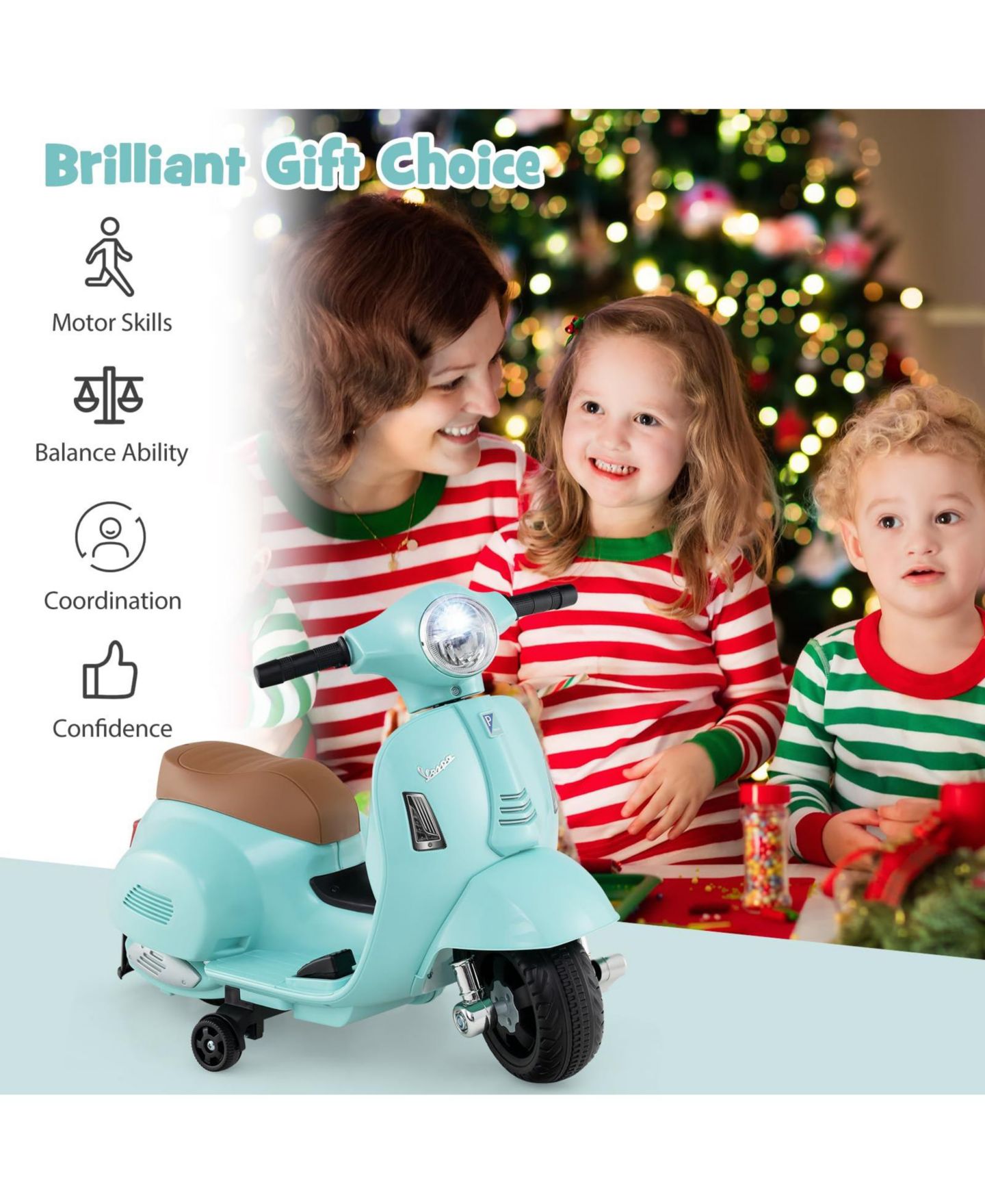 Детская игрушка Mecale Vespa Kids Ride-On Motorcycle with LED Headlight, Horn, and Training Wheels, Ages 18-36 Months, цвет: Синий — фото 4