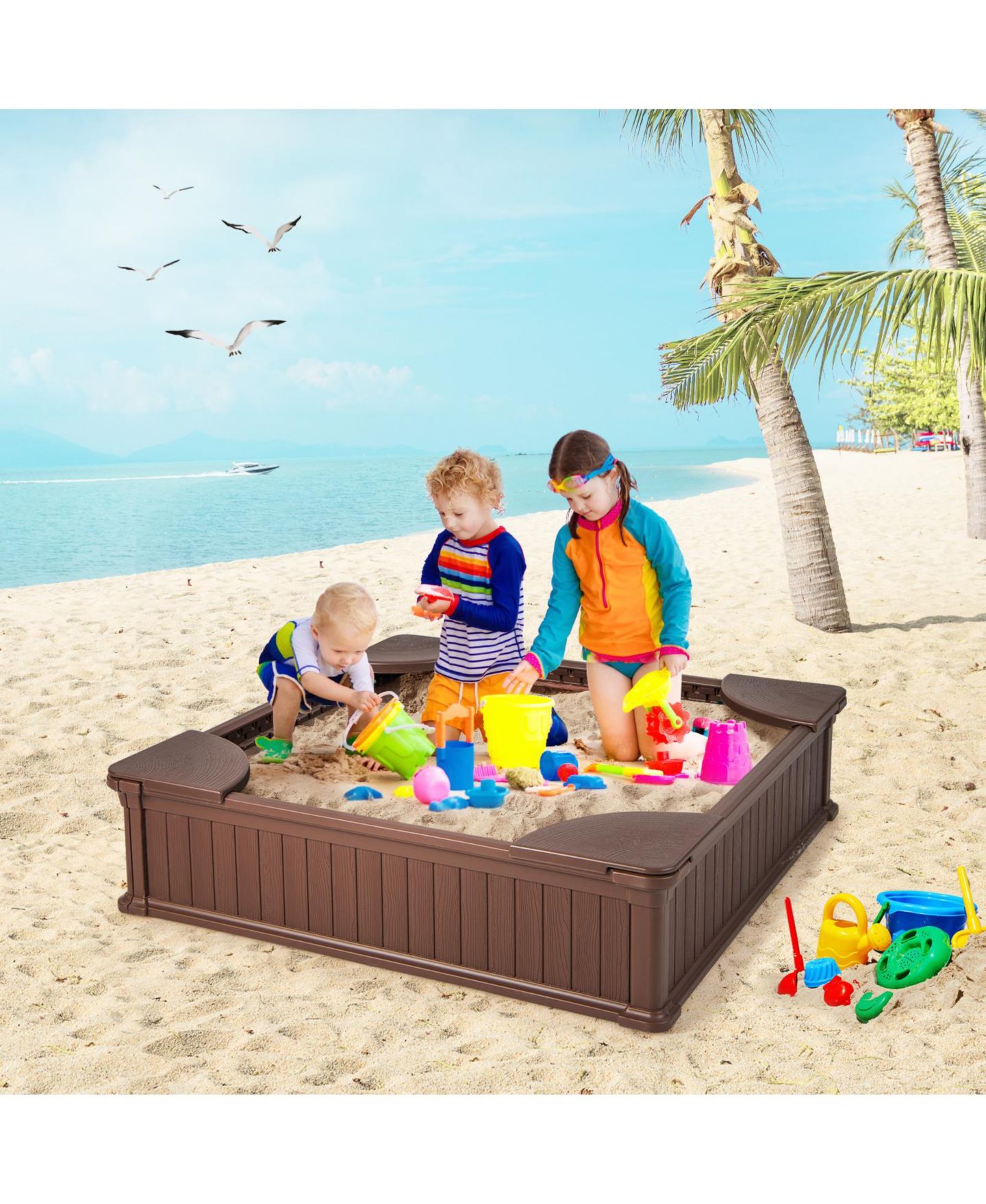 Детская игрушка Mecale Kids Outdoor Sandbox with Oxford Cover and 4 Corner Seats, цвет: Коричневый — фото 3