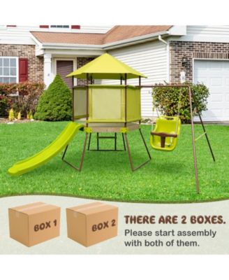 4-in-1 Swing Set with Covered Playhouse Fort and Height Adjustable Baby Seat
