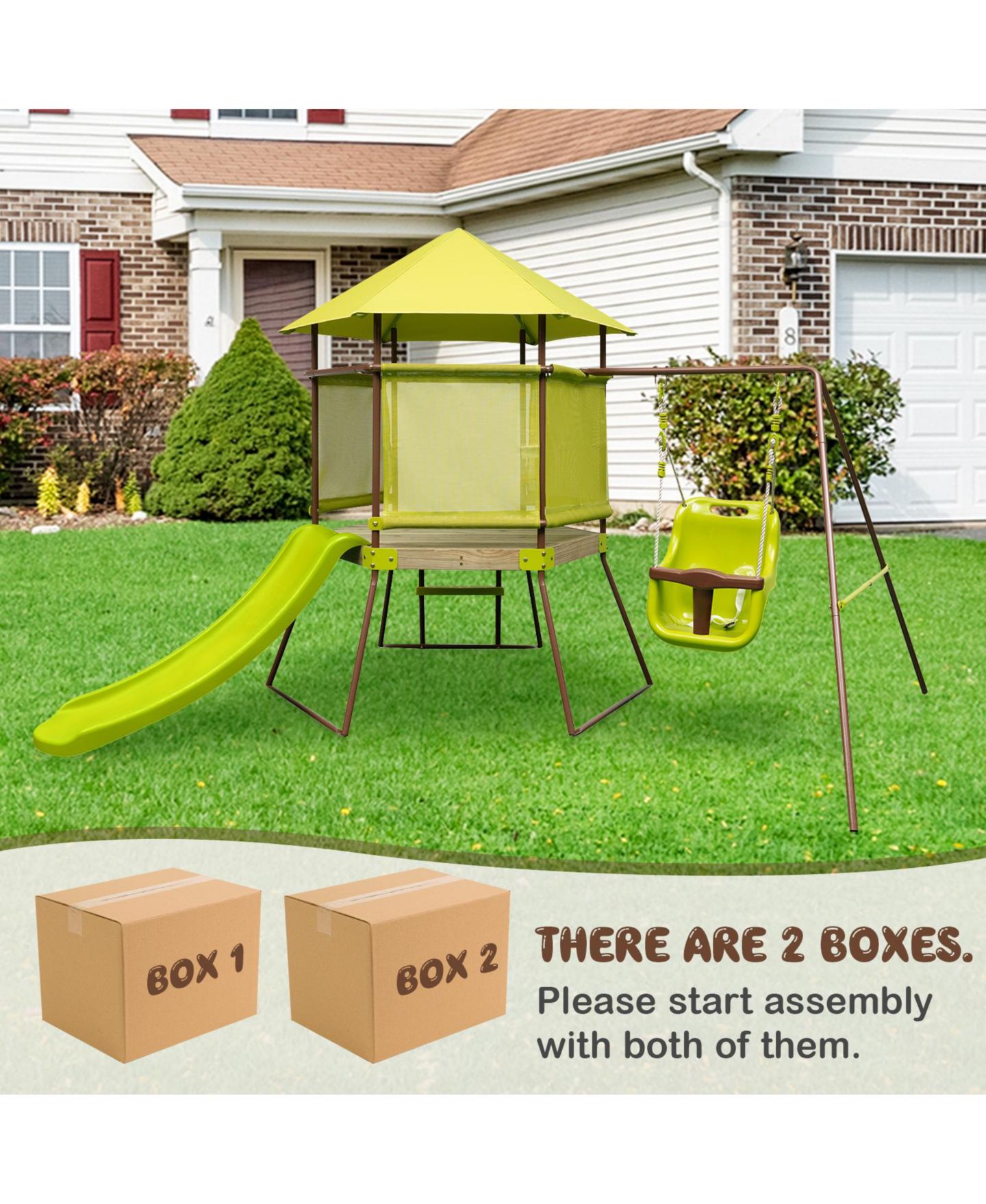 Детские игрушки Mecale 4-in-1 Metal Playhouse Fort Swing Set with Height-Adjustable Baby Seat, Ages 6 Months-12 Years, цвет: Жёлтый — фото 5