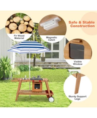 Wooden Play Cart with Sun Proof Umbrella for Toddlers Over 3 Years Old