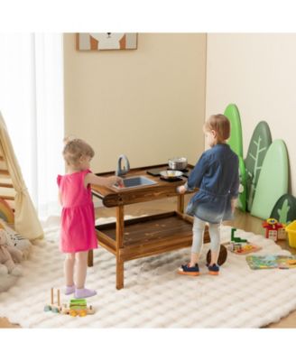 Outdoor Movable Mud Kitchen with 2 Rolling Wheels and 1 Push Handle