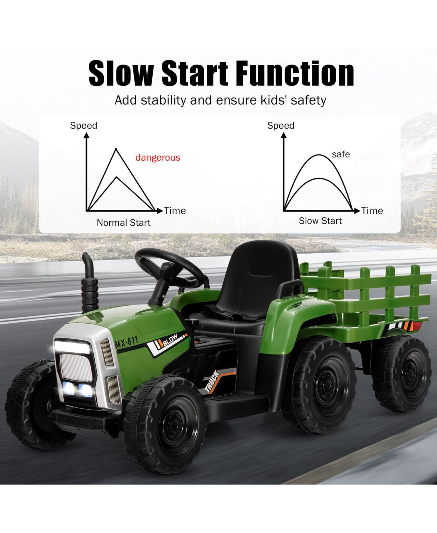 Детская игрушка Mecale 12V Ride on Tractor with 3-Gear-Shift Ground Loader for Kids 3+ Years Old, цвет: Зелёный — фото 6