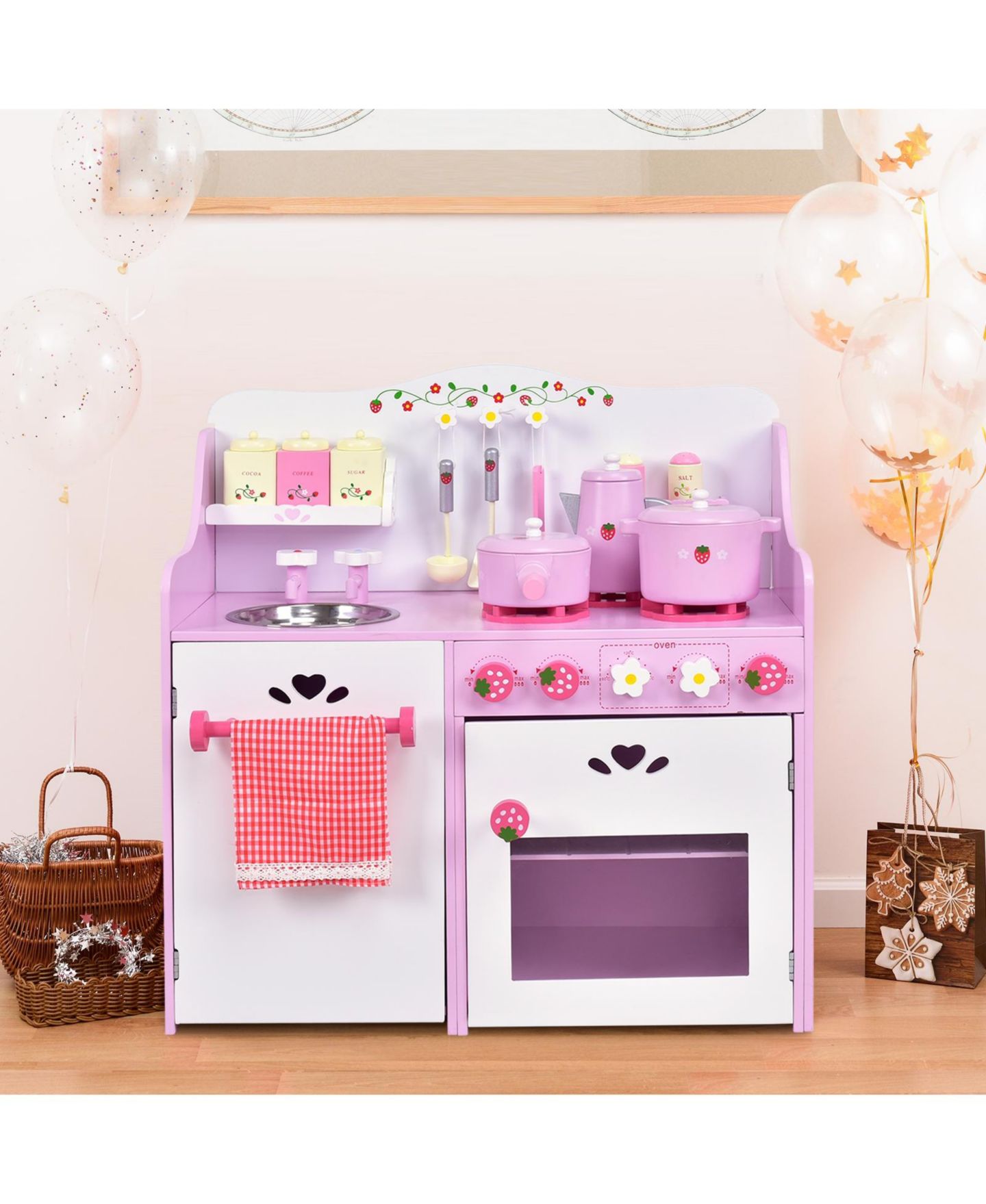 Детский игровой набор Mecale Strawberry Wooden Play Kitchen Playset, Ages 3+, цвет: Розовый — фото 9