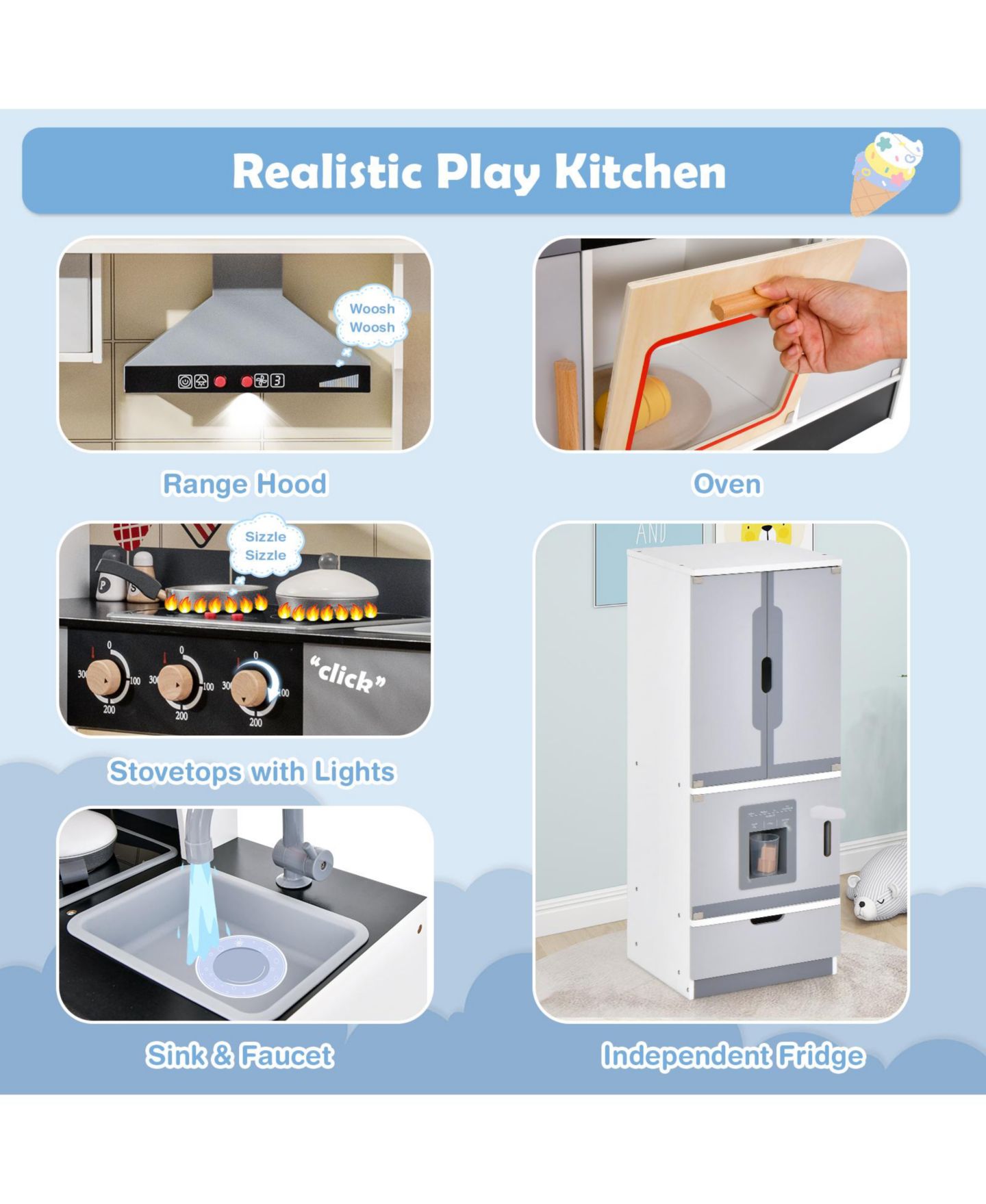 Детские игрушки Mecale Light and Sound Effects 12-Piece Play Kitchen Set, Ages 3+, цвет: Серый — фото 4