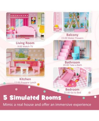 Kids Wooden Dollhouse Playset with 5 Simulated Rooms and 10 Pieces of Furniture