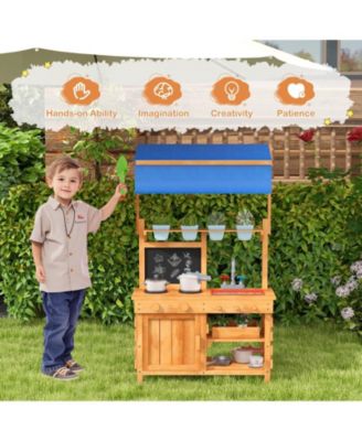 Wooden Pretend Play Kitchen with Height Adjustable Canopy for Kids