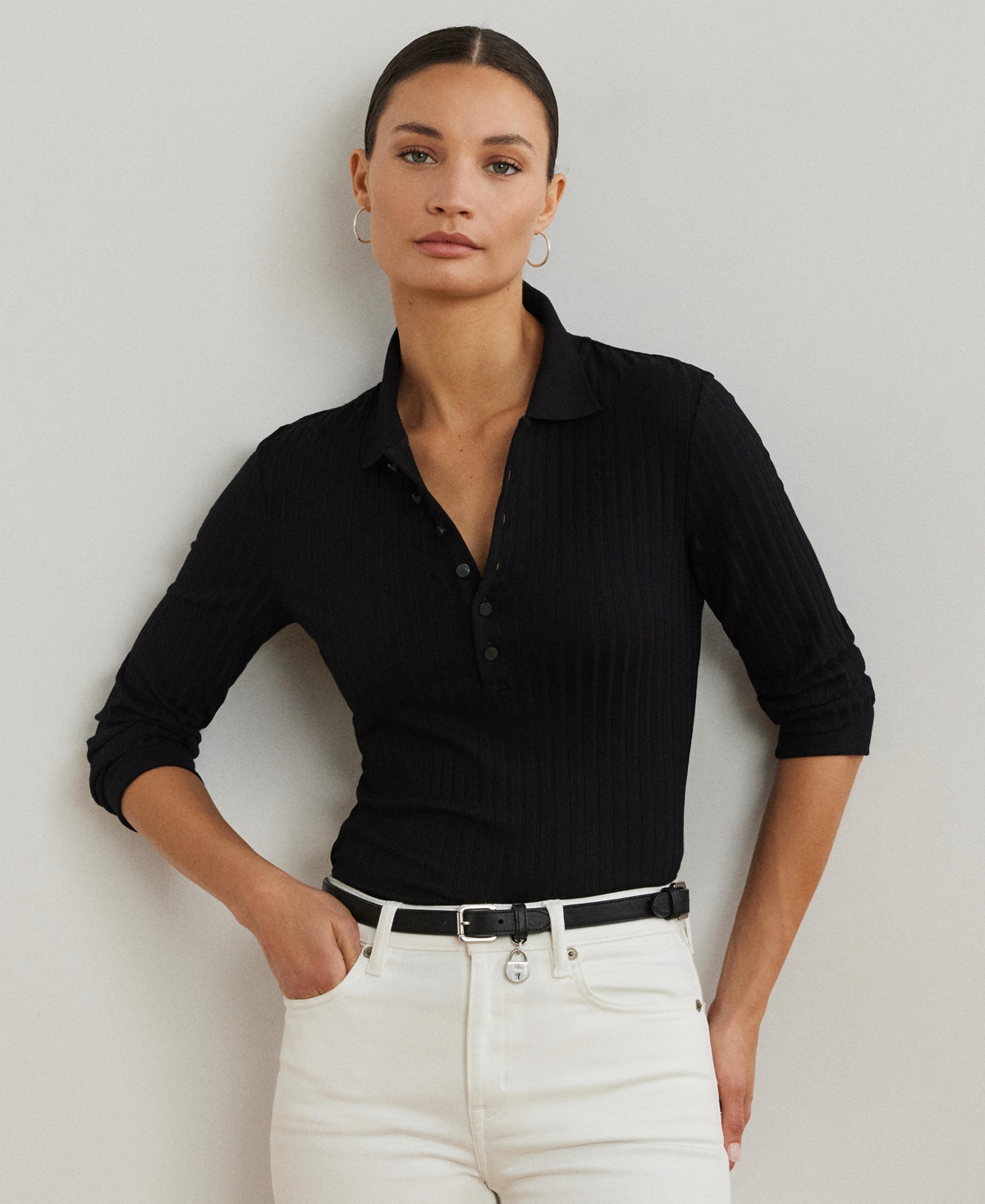 Women's Rib-Knit Three-Quarter-Sleeve Polo Shirt - Madison Red