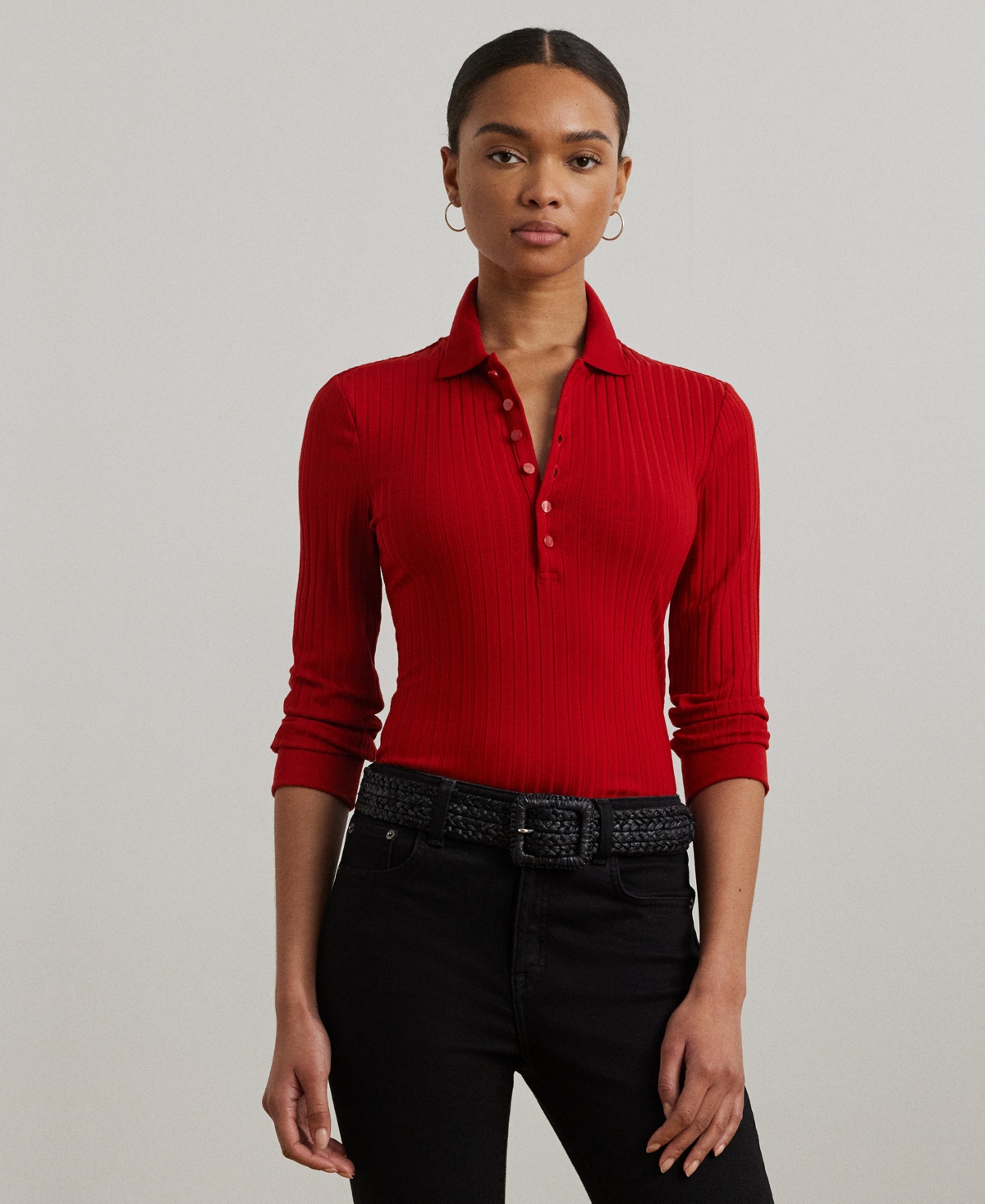 Women's Rib-Knit Three-Quarter-Sleeve Polo Shirt - Madison Red