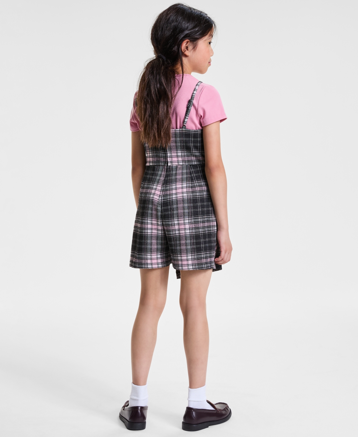 Rare Editions Big Girls Rib T-shirt & Plaid Shorts Jumper, 2 Piece Set In Black