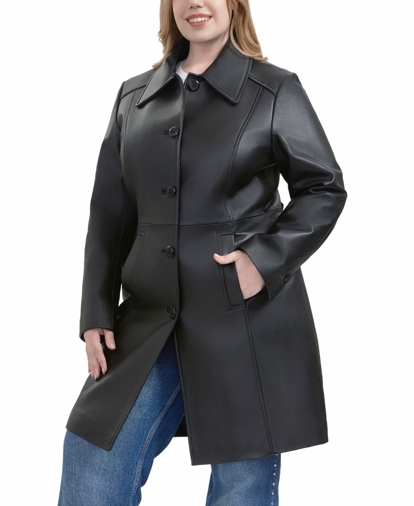 Женское пальто BGSD Plus Size Maisy Leather Long, цвет: Чёрный — фото 4
