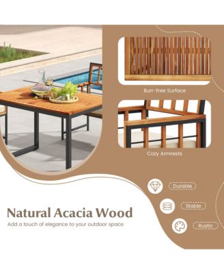 4 PCS Acacia Wood Patio Dining Set w/ 1 Rectangular Table 1 Loveseat & 2 Armchairs