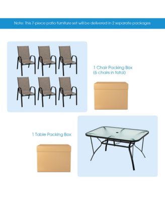 7PCS Patio Dining Furniture Set w/ 6 Stackable Armchairs & Umbrella Hole