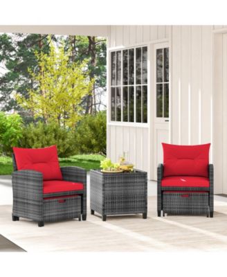 5 Piece Patio Rattan Furniture with 2 Ottomans and Tempered Glass Coffee Table-Red