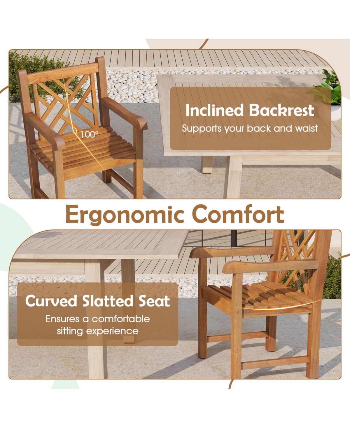 Teak Wood Patio Dining Chair with Slatted Seat Cross-Rhombus Backrest and Solid Legs