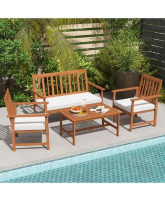 4 Pieces Acacia Wood Furniture Set with Seat Cushions and Robust Wood Frame