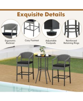 3-Piece Patio Rattan Bar Set with Tempered Glass Top for Backyard Poolside-Gray