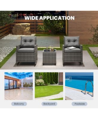 3-Piece Patio Rattan Roker Chairs with Tempered Glass Table and Soft Cushions