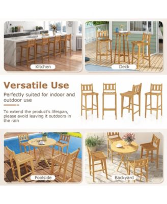 30 Inch Teak Wood Bar Chair with Footrest and Backrest for Deck Poolside Garden