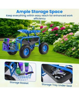 Extendable Handle Garden Cart Rolling Wagon Scooter-Blue