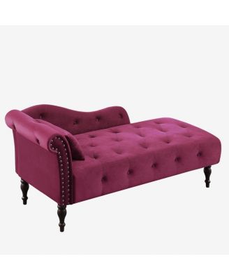 60 Inch Velvet Tufted Chaise Lounge with Nailhead Trim Solid Wood Legs and Pillow for Living Room Bedroom Reading or Relaxing
