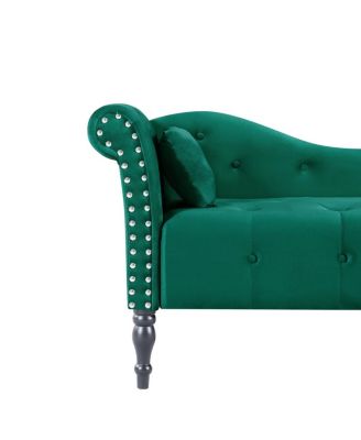 60 Inch Velvet Tufted Chaise Lounge with Nailhead Trim Solid Wood Legs and Pillow for Living Room Bedroom Reading or Relaxing