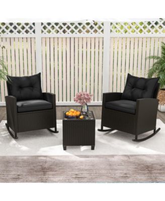 3-Piece Patio Rattan Roker Chairs with Tempered Glass Table and Soft Cushions-Black