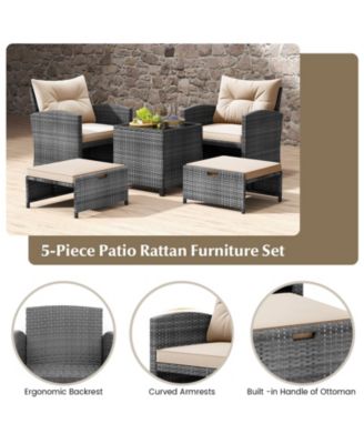 5 Piece Patio Rattan Furniture with 2 Ottomans and Tempered Glass Coffee Table