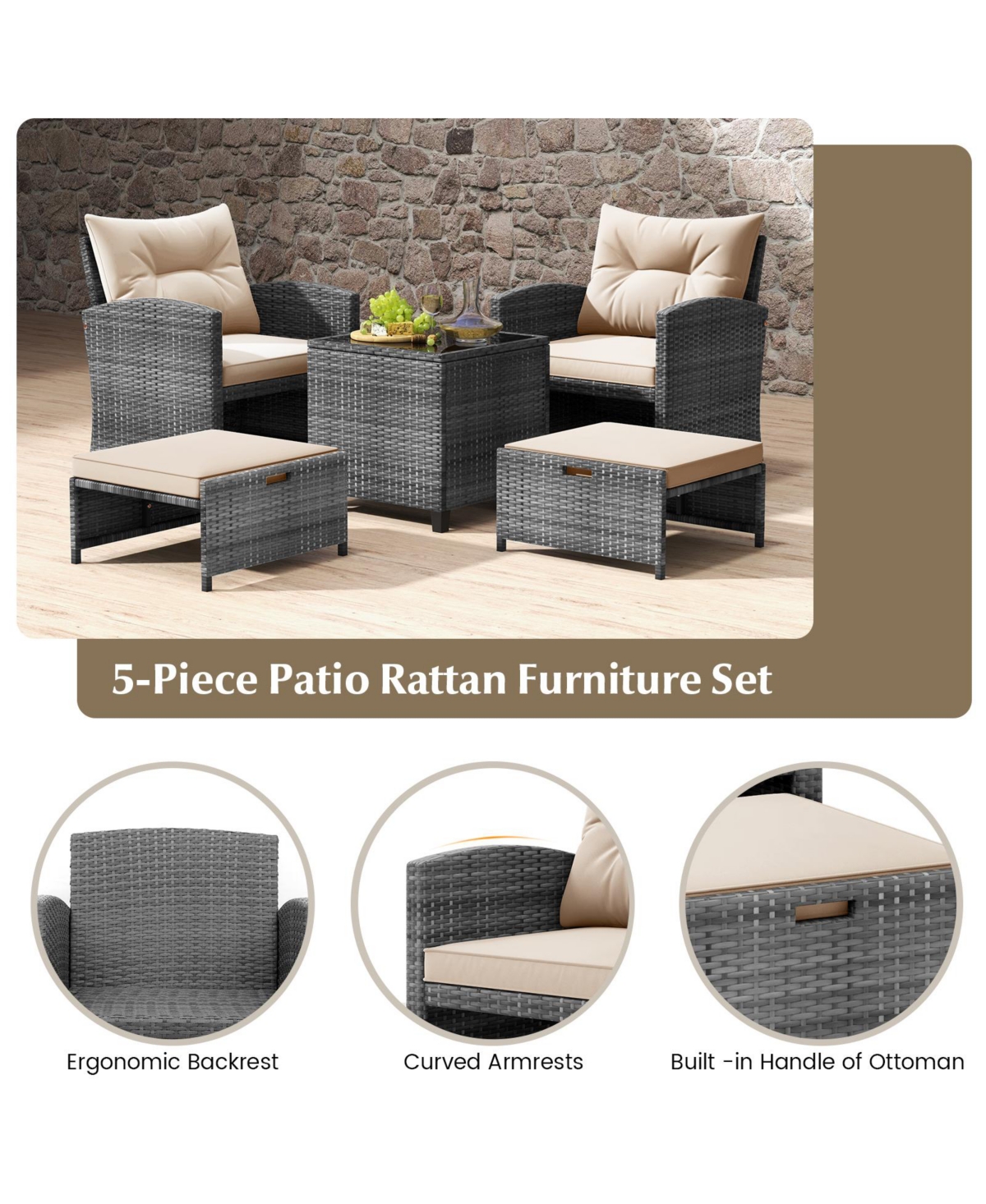5 Piece Patio Rattan Furniture with 2 Ottomans and Tempered Glass Coffee Table