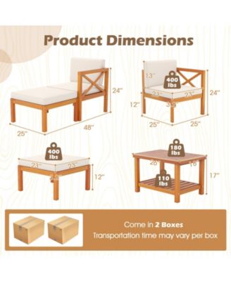 5 Pieces Acacia Wood Patio Lounge Chair Set with Ottomans and Cushions-White