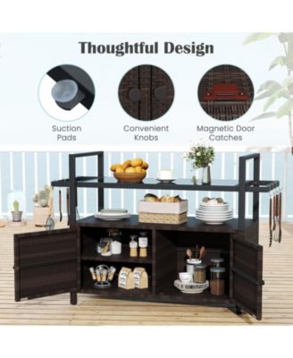 Outdoor Bar Cart Wicker Buffet Serving Cart with Cabinet and 8 Hooks