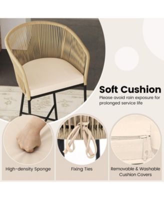 3 Pieces Rope Woven Patio Bar Set with Soft Cushions and Acacia Wood Tabletop