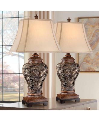 Traditional Table Lamps 32.5" Tall Set of 2 Bronze Curling Leaves Tan Rectangular Shade for Living Room Family Bedroom Bedside
