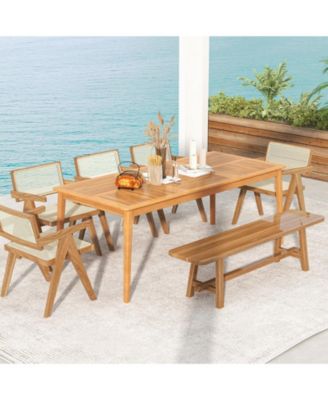 8-Person Outdoor Acacia Wood Dining Rectangular Bistro Table with Umbrella Hole