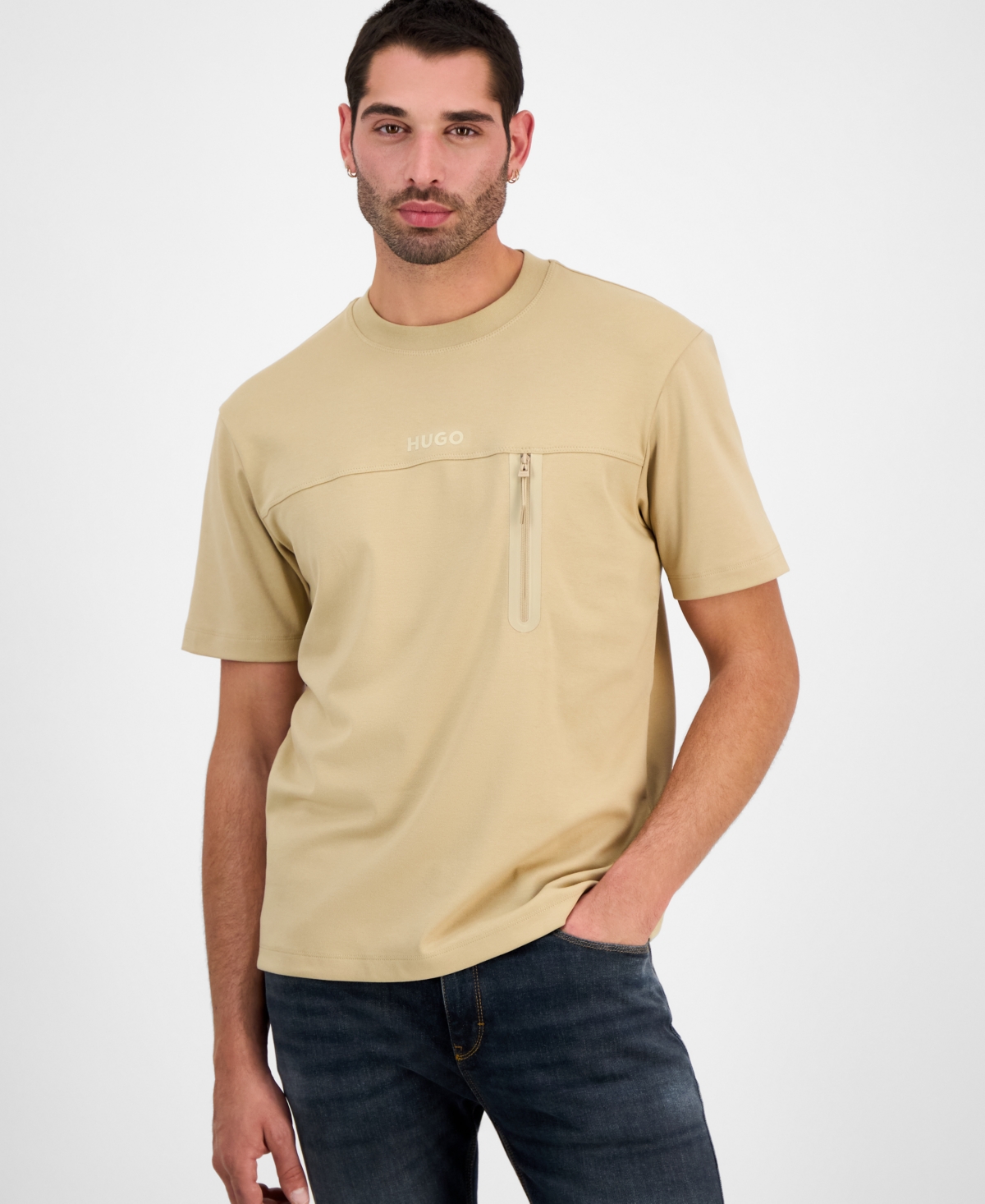 Hugo by Hugo Boss Men's Dubi Relaxed Fit Short Sleeve Crewneck Zipper T-Shirt - Medium Beige