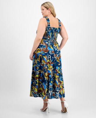 Plus Size Printed Smocked Cotton Sleeveless Maxi Dress