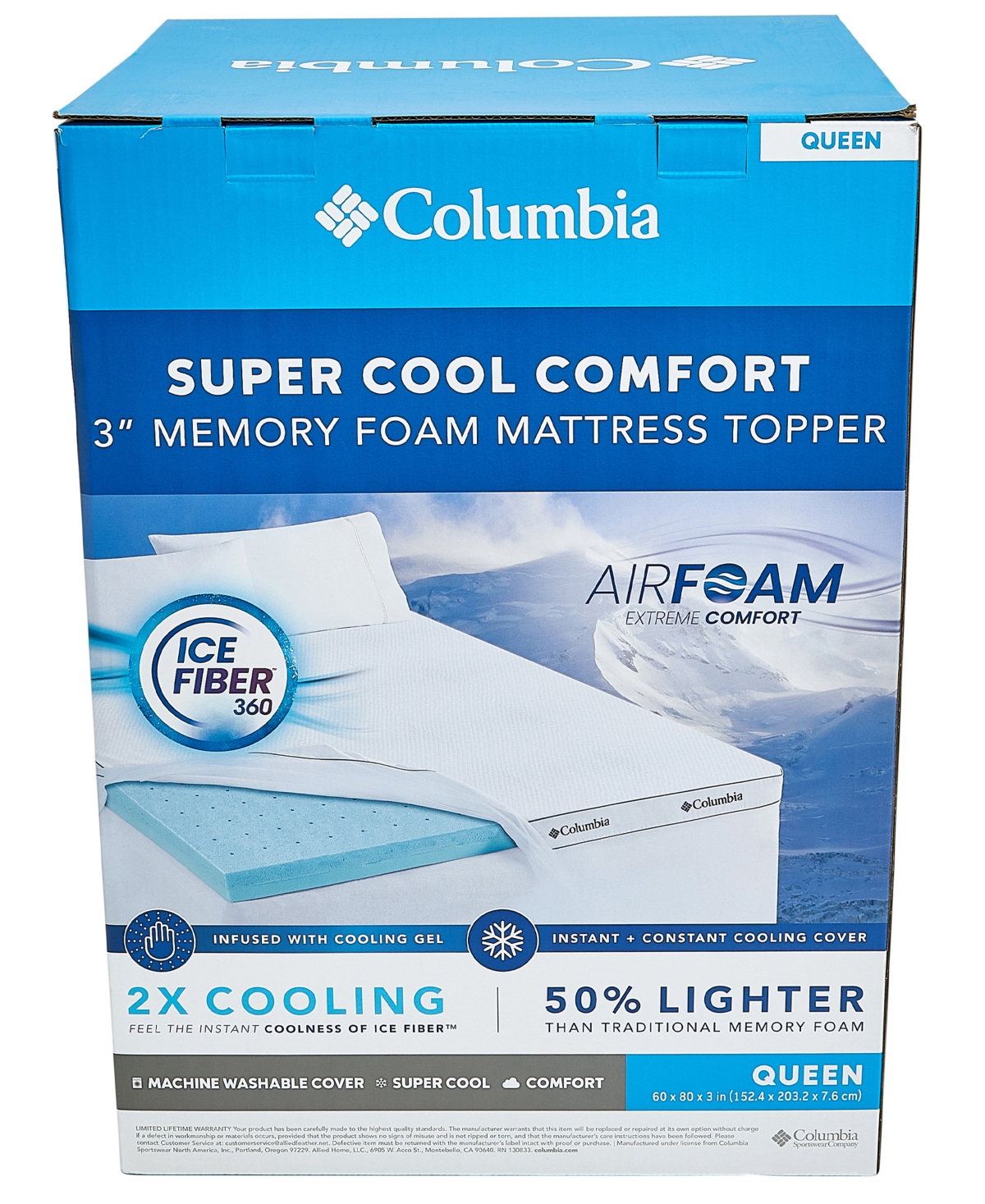 COLUMBIA SUPER COOL COMFORT 3" AIRFOAM TOPPER, QUEEN 