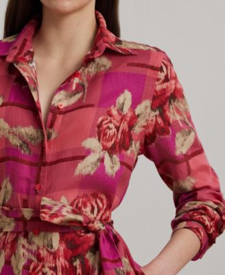 Women's Floral Checked Linen Shirtdress