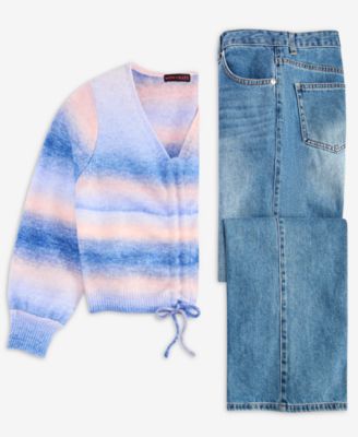 With Jules Big Girls Drawstring Rainbow Sweater Wide Leg Jeans In Blue