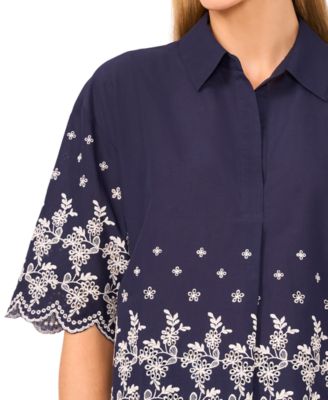 Women's Contrast Embroidered Cotton Collared Shirt