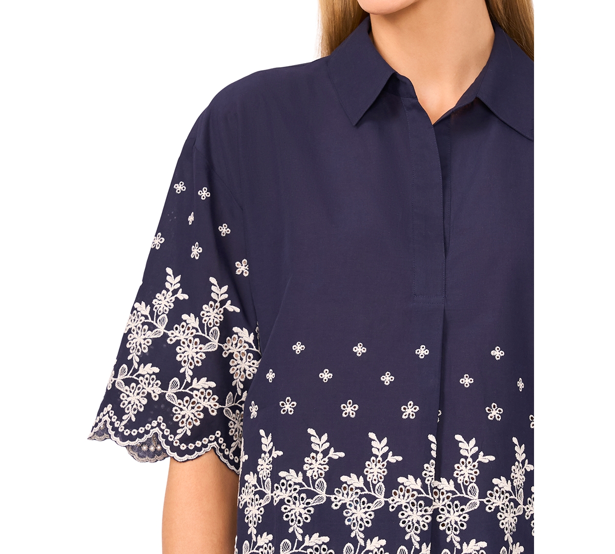 CeCe Women's Contrast Embroidered Cotton Collared Shirt