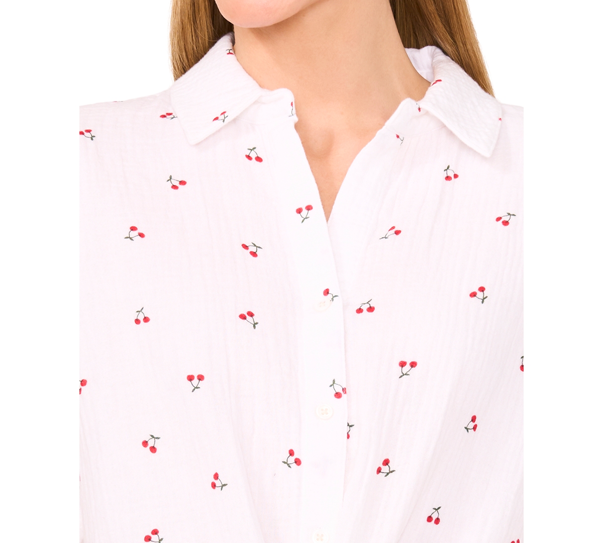Cece Cherry Print Cotton Tie Front Button-up Shirt In White