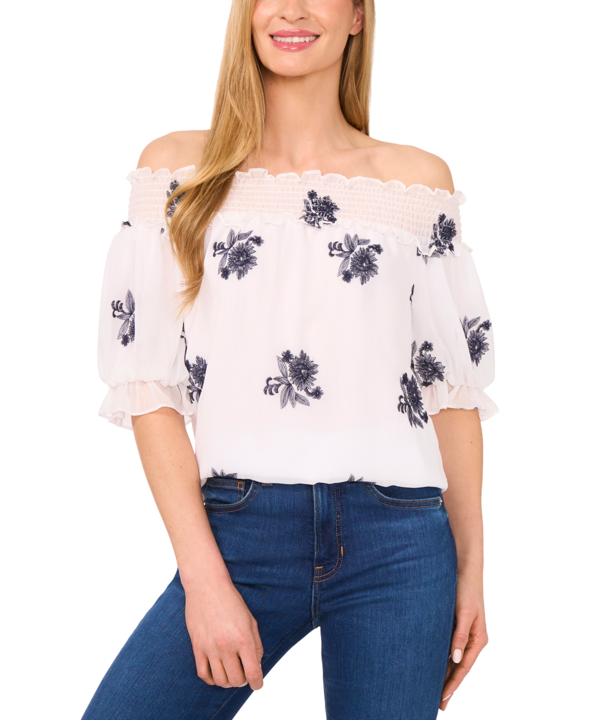 Women's Printed Puff-Sleeve Off-The-Shoulder Blouse - Ultra White