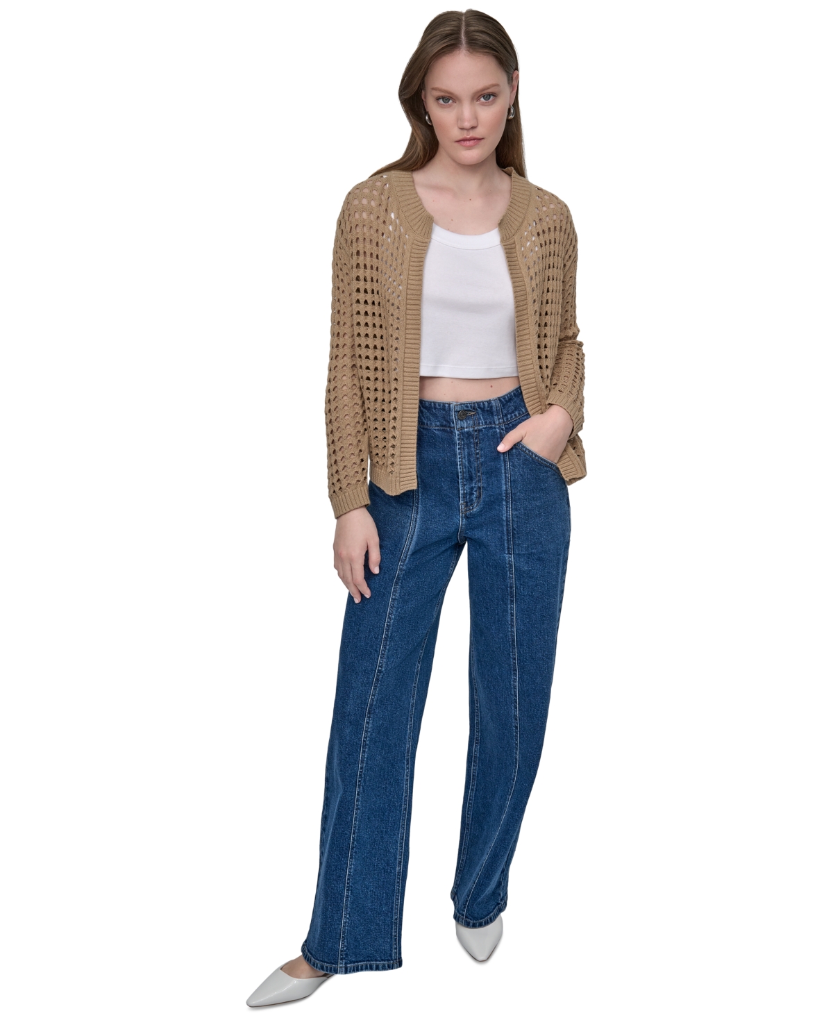 Dkny Jeans Women's Open-stitch Drop-shoulder Cardigan Sweater In Brown